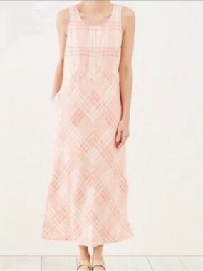 J. Jill Love Linen White Red Plaid Chevron Tank Maxi Dress Side Slits Size XS